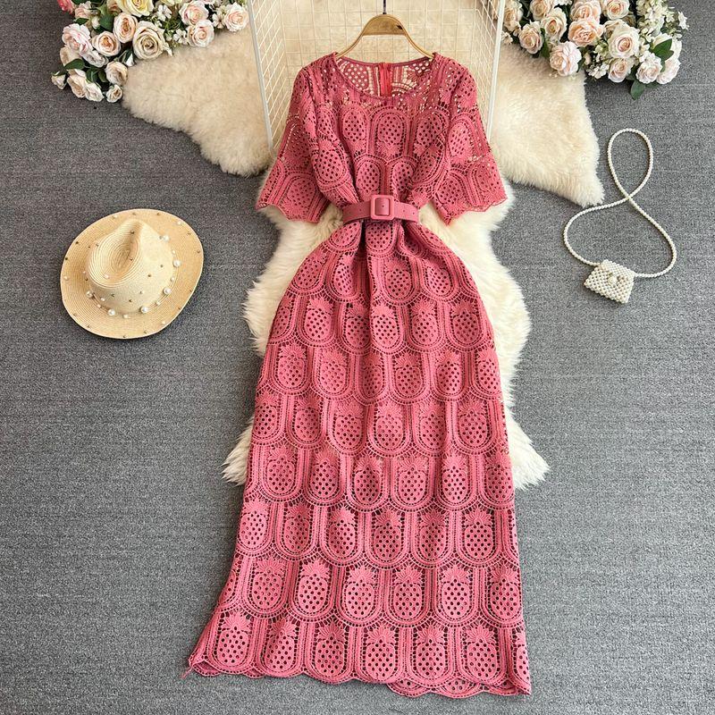 Summer Retro Cut Out Lace Dress Elegant Short Sleeve