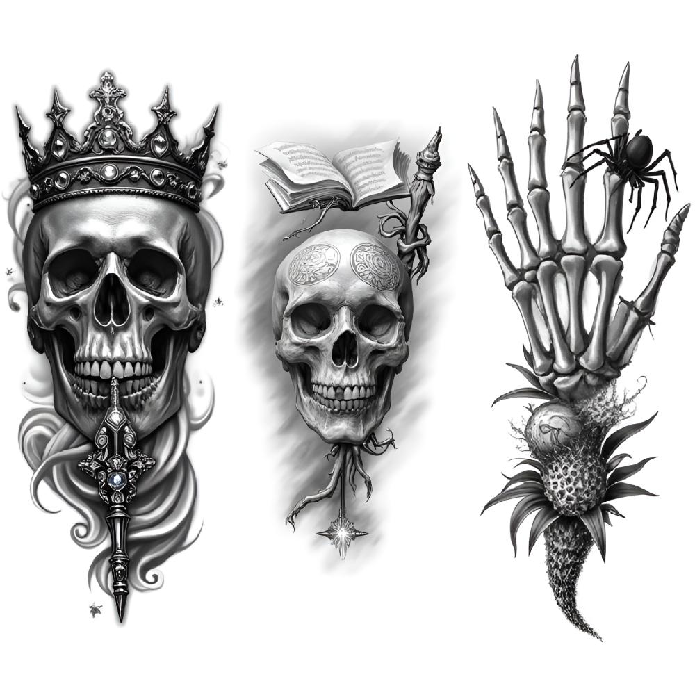 3pcs Temporary Tattoo Realistic Temporary Tattoos Skull With Moth Unicorn Skull With Snake Book And Skull For Women Adults