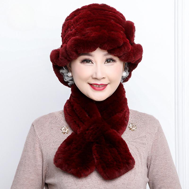 Rex Rabbit Hair Hat Children's New Mother Hat Winter Warm Korean Version Grandma Hat Scarf Middle and Old Age Hat Scarf