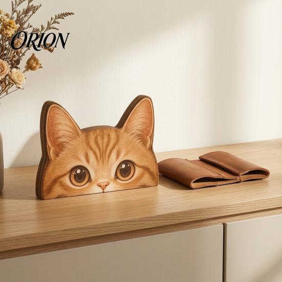 Healing Cat Desk Companions Peeking Orange Wooden Figurine, Cute Head Decoration, Handmade Decorative Pieces for Tabletop Natural Wood Ornament, Gift