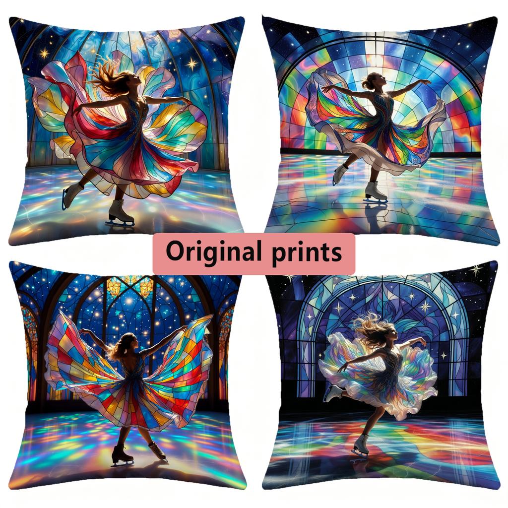 Stained Glass Figure Skating Throw Pillow Covers Pattern Cushion Cover Suitable for Sofa Bedroom Car Pillow Cover