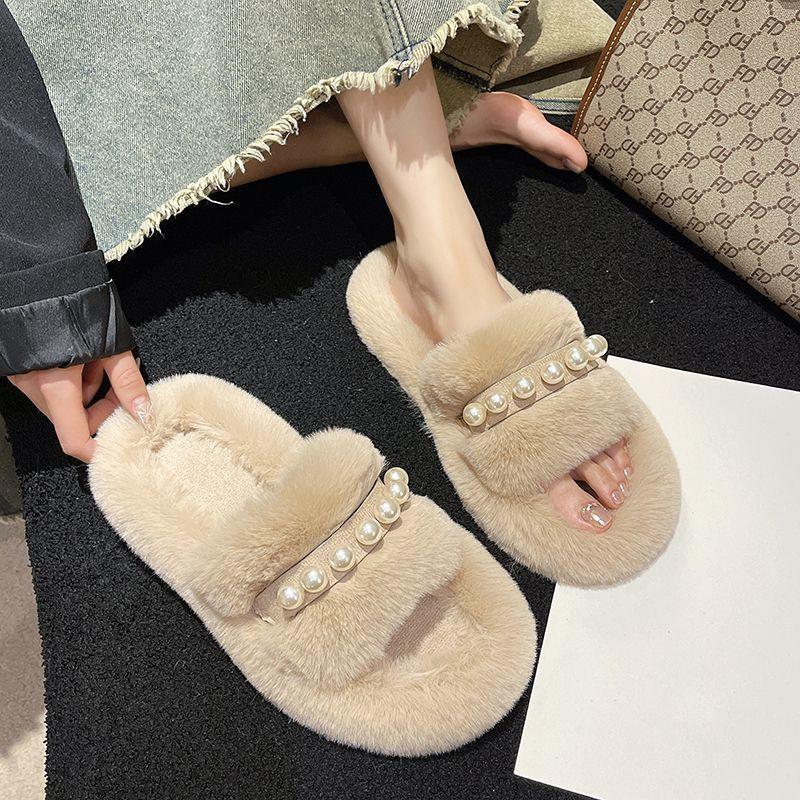 Internet Celebrity Thick-bottomed Fluffy Slippers Women's Outer Wear 2025 New Autumn and Winter Versatile Fashion Pearl Xiaoxiangfeng One-character