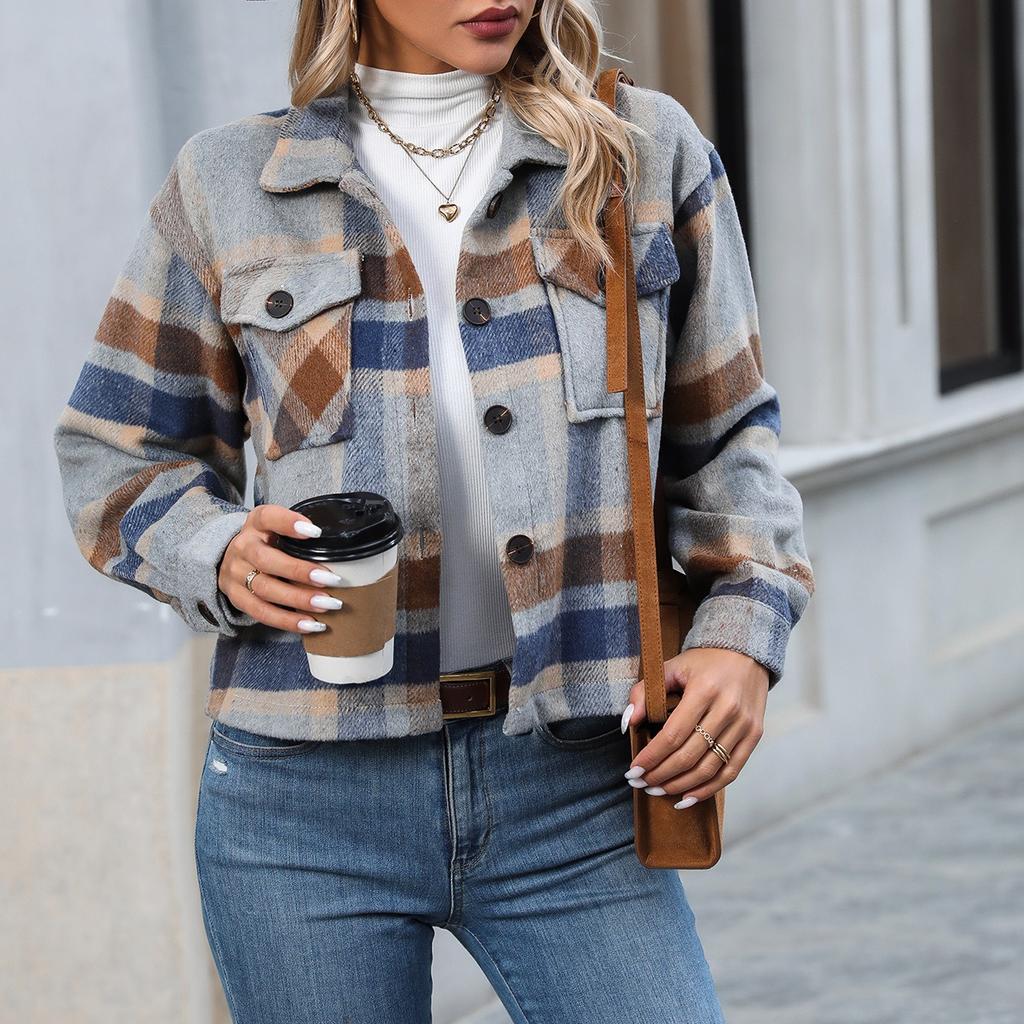 Fall Winter New Fashion Casual Plaid Short Woolen Coat for Women with Pockets, European American Crossbody Women's Outerwear