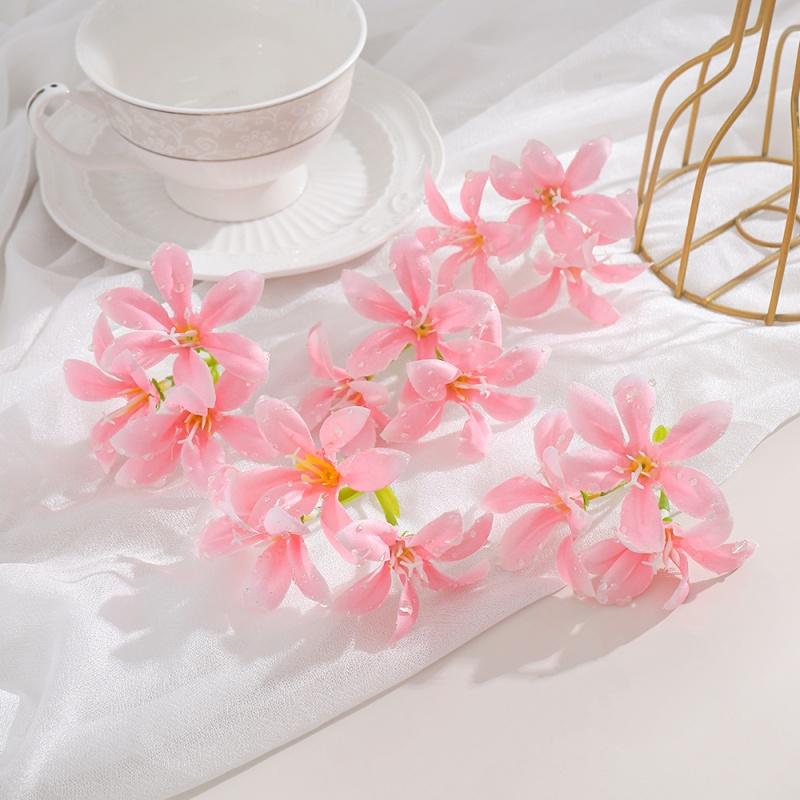 10Pcs 6cm Artificial Flower Head Mini Silk Dew Lily Flower Craft Wreath Home Decoration Wedding Decor Christmas Garland Supplies