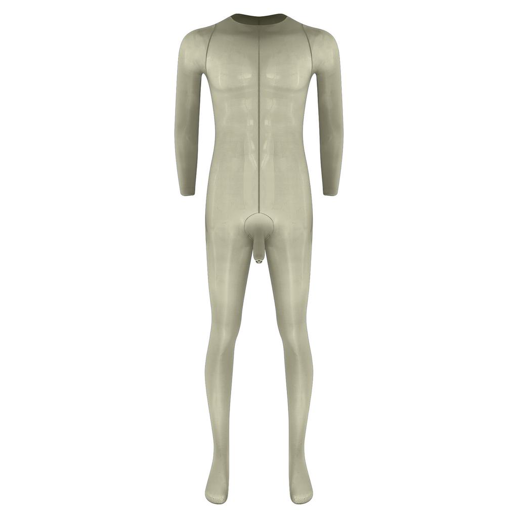 Herren Glänzender Fußbodysuit Jumpsuit Rundhalsausschnitt Langarm Scheide Öffnung Sehr Dehnbar Glänzend Nachtwäsche