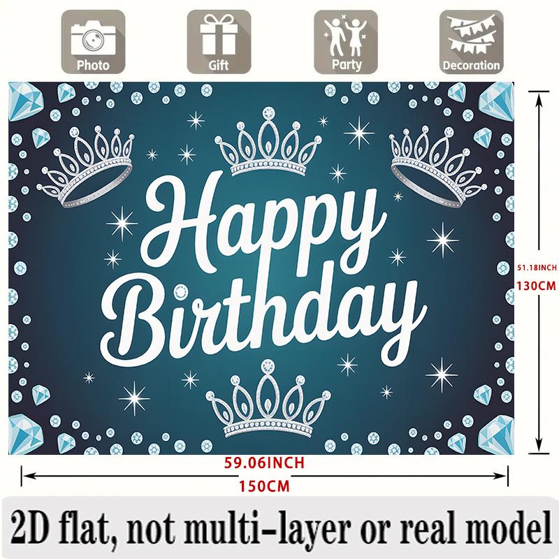 Happy Birthday Balloons and Cake Backdrop Banner, Blue Polyester for Party Decor & Photo Booth