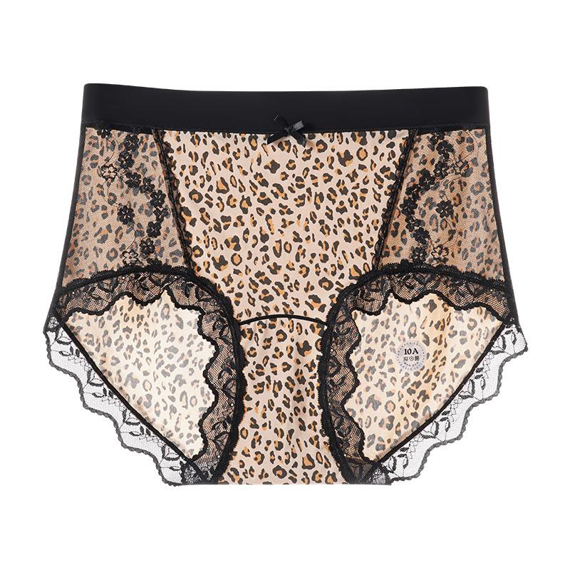 Plus Size Ladies Summer Sexy Lace Leopard Print Mulberry Silk Extended Crotch Triangle Briefs