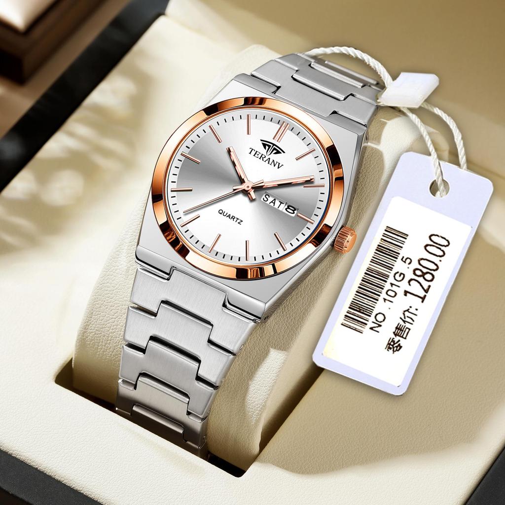Men's Ultra-Thin Luminous Quartz Watch with Steel Band and Double Calendar, Waterproof.
