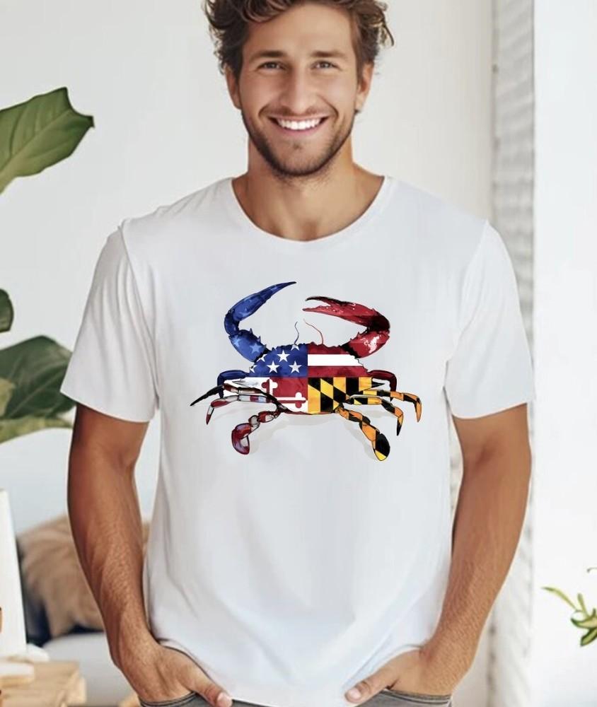 MARYLAND FLAG AMERICAN FLAG COMBO CRAB WHITE T-SHIRT S-5XL Unisex T-Shirt S