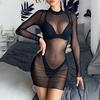 Women's Sheer Mesh See-Through Long Sleeve Crop Tops Casual Clubwear  Dress