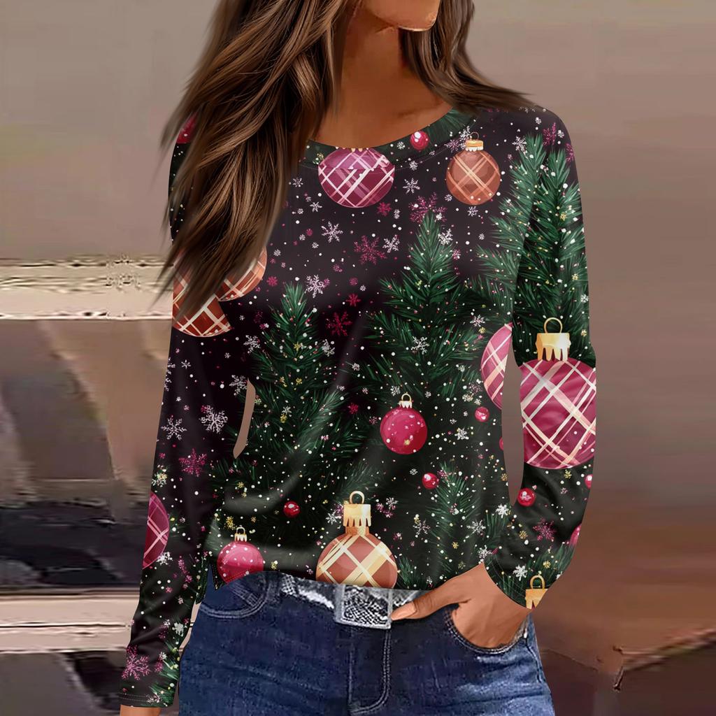 Damska Moda Casual Rozcięcie na Dole Okrągły Dekolt Długi Rękaw Luźna Koszulka z Nadrukiem Świątecznym Damski Top