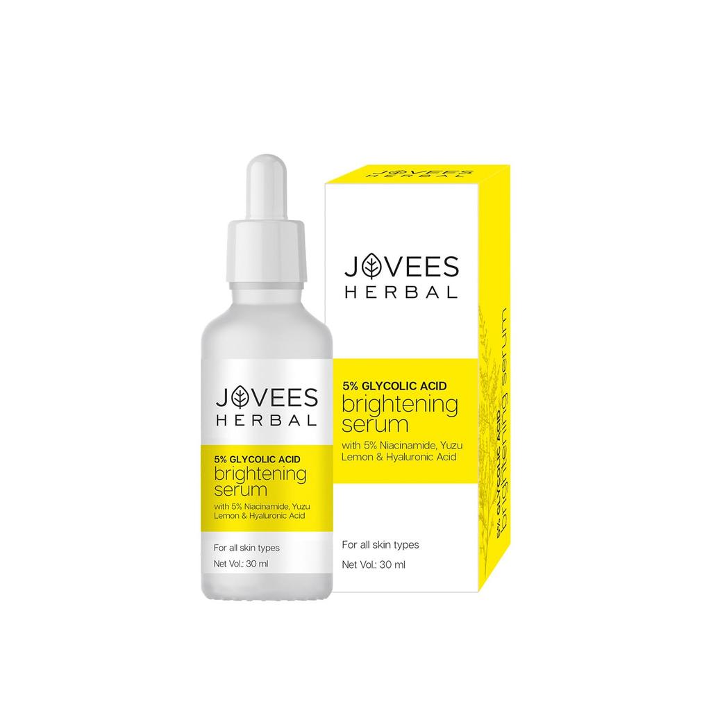 Jovees Herbal 5% Glycolic Acid Brightening Serum With Niacinamide Yuzu Lemon Hyaluronic Acid For Radiant Even Skin 30 Ml