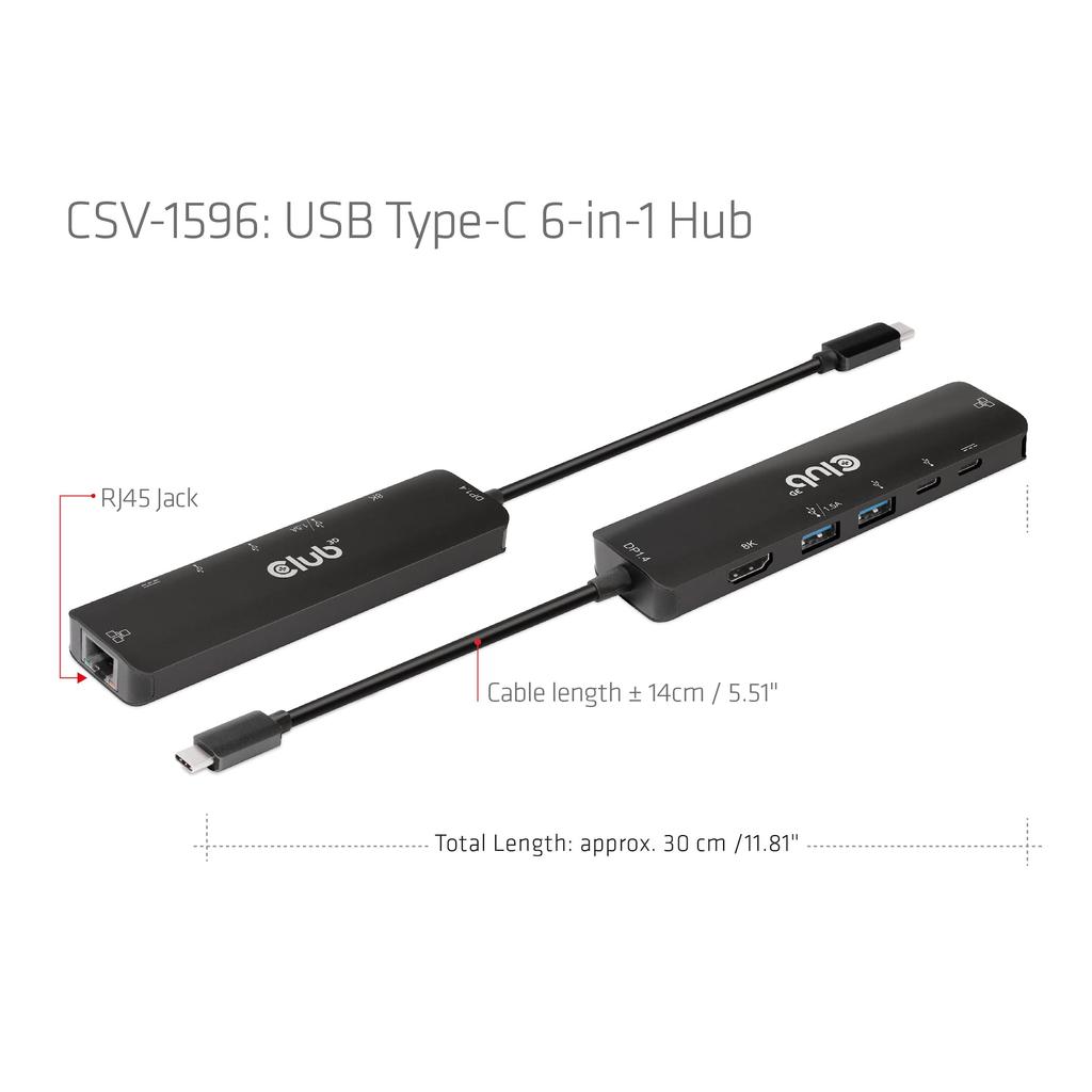 Club 3D USB Gen1 Type C Hub To HDMI 8K30Hz 4K120Hz 2x USB A RJ45 USB C 5Gbps USB C 100W 6-in-1 / / / / PD3.0 (CSV-1596)