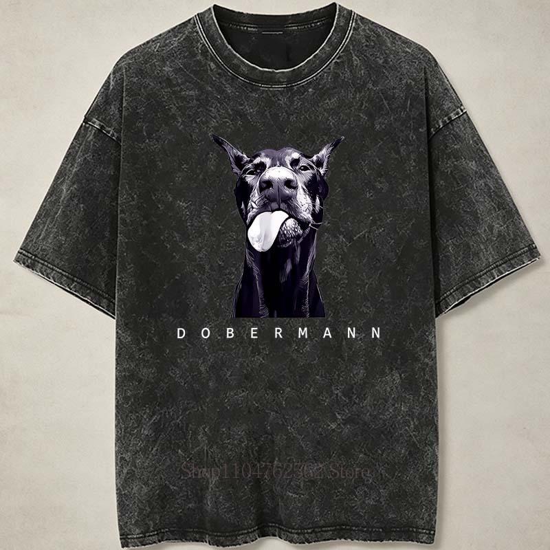 Dobermann Print Washed T-shirts for Women Men Summer Casual Fashion Vintage Streetwear Y2K Tops Crew Neck Short Sleeve Tees