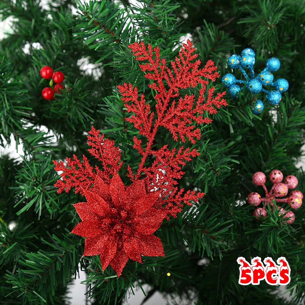 

5X різдвяна пуансетія, блискуча квітка, соснові гілки, висить декор для вечірки червоний
