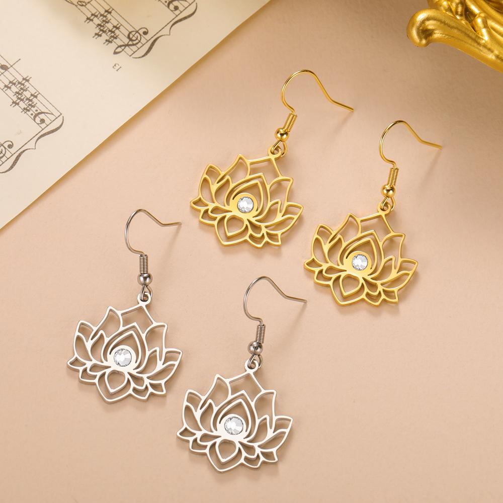 Dawapara Lotus Flower Earrings Zircon Spiritual Lotus Healing Charms Buddhist Yoga Jewelry Stainless Steel Dangle Earrings