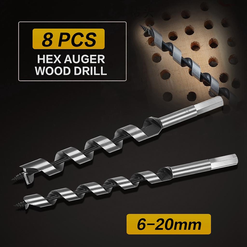8pc Carbon Steel Auger Bit Set Wooden Case Machined Hex Shank Drill
