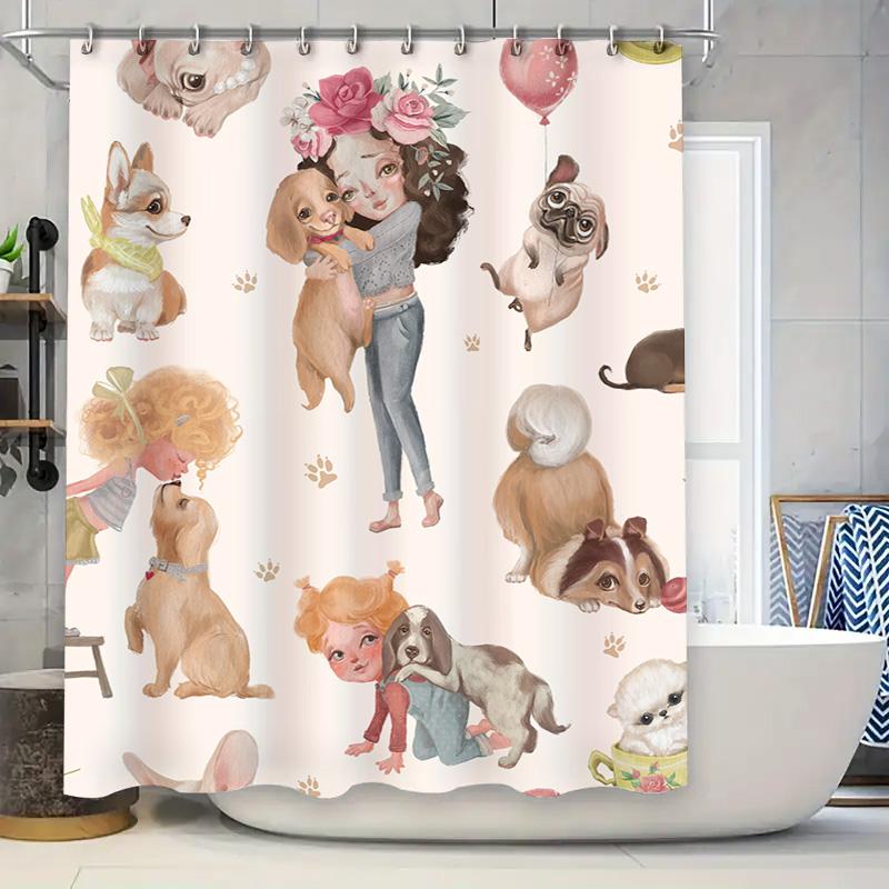 Whimsical Dog Cat Printed Shower Curtain Waterproof Bathroom Decorative Liner Pink Palette Set 90x180cm