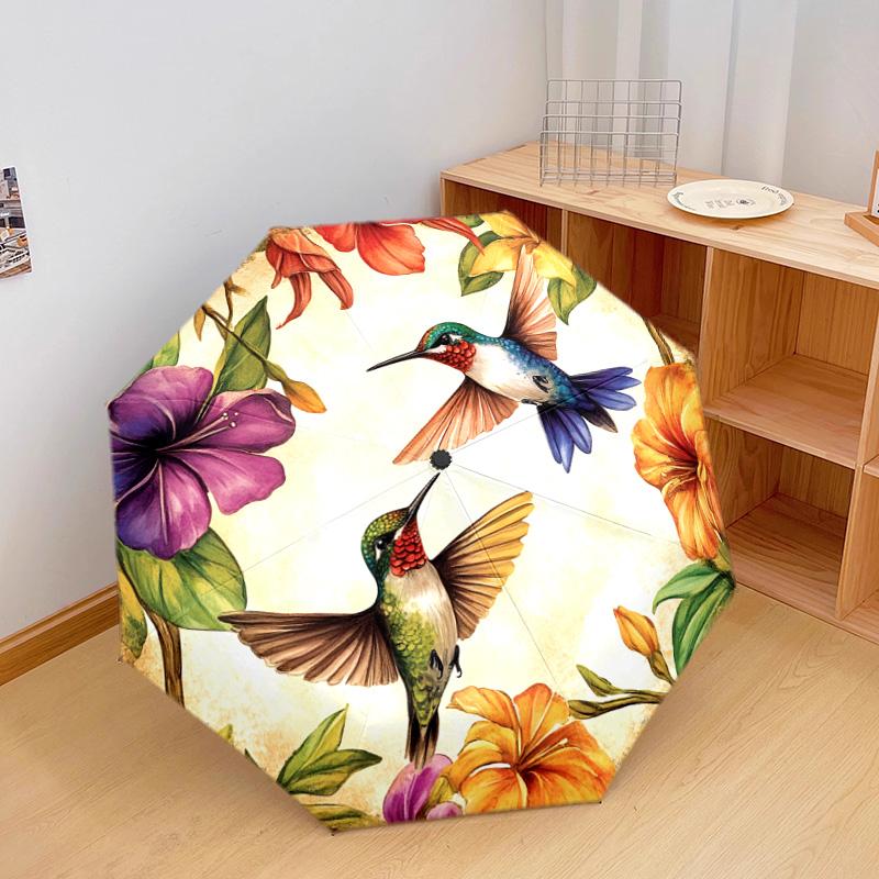 1 PC Automatic Folding Umbrella - Hummingbirds Floral Pattern, Portable & Foldable Design with 8 Ribs, Christmas Birthday Gifts