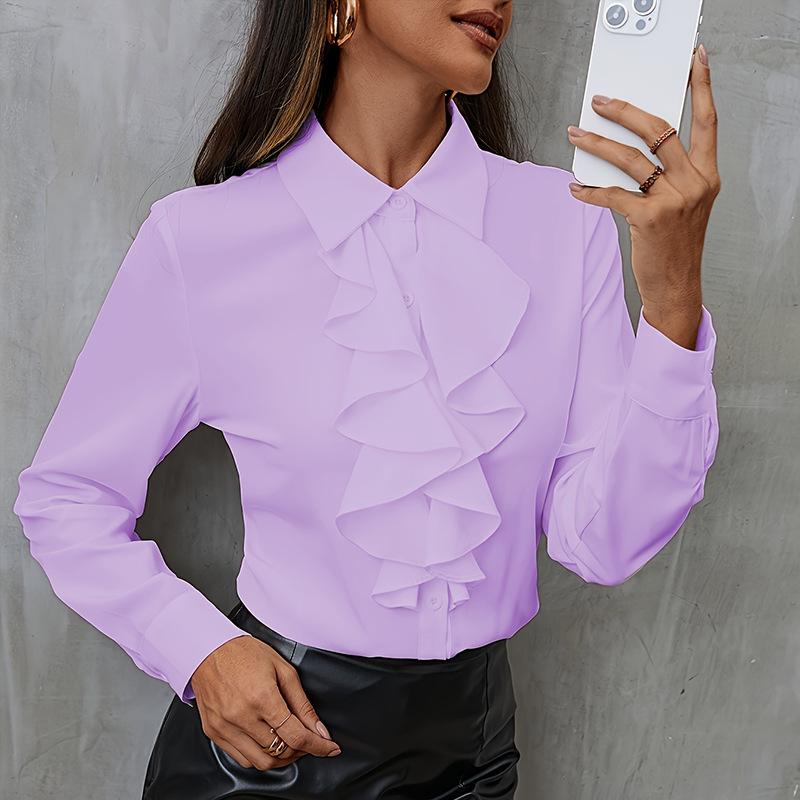 Elegantes Raff-Patchwork Lockeres Chiffon-Hemd Damen Langarm Bürobluse Süßes Revers Mode Frühling Herbst Freizeit Unifarbene Oberteile Neue Kleidung