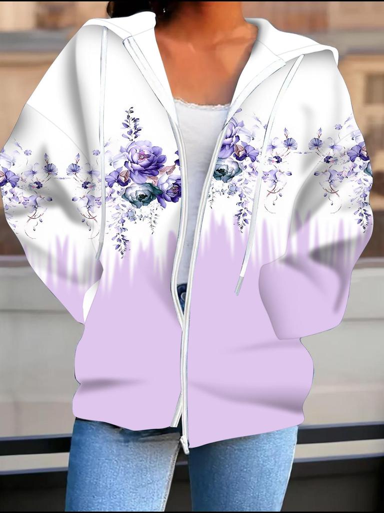 Flower 3D Printed Hooded Cardigan Plus Size Autumn Winter Retro