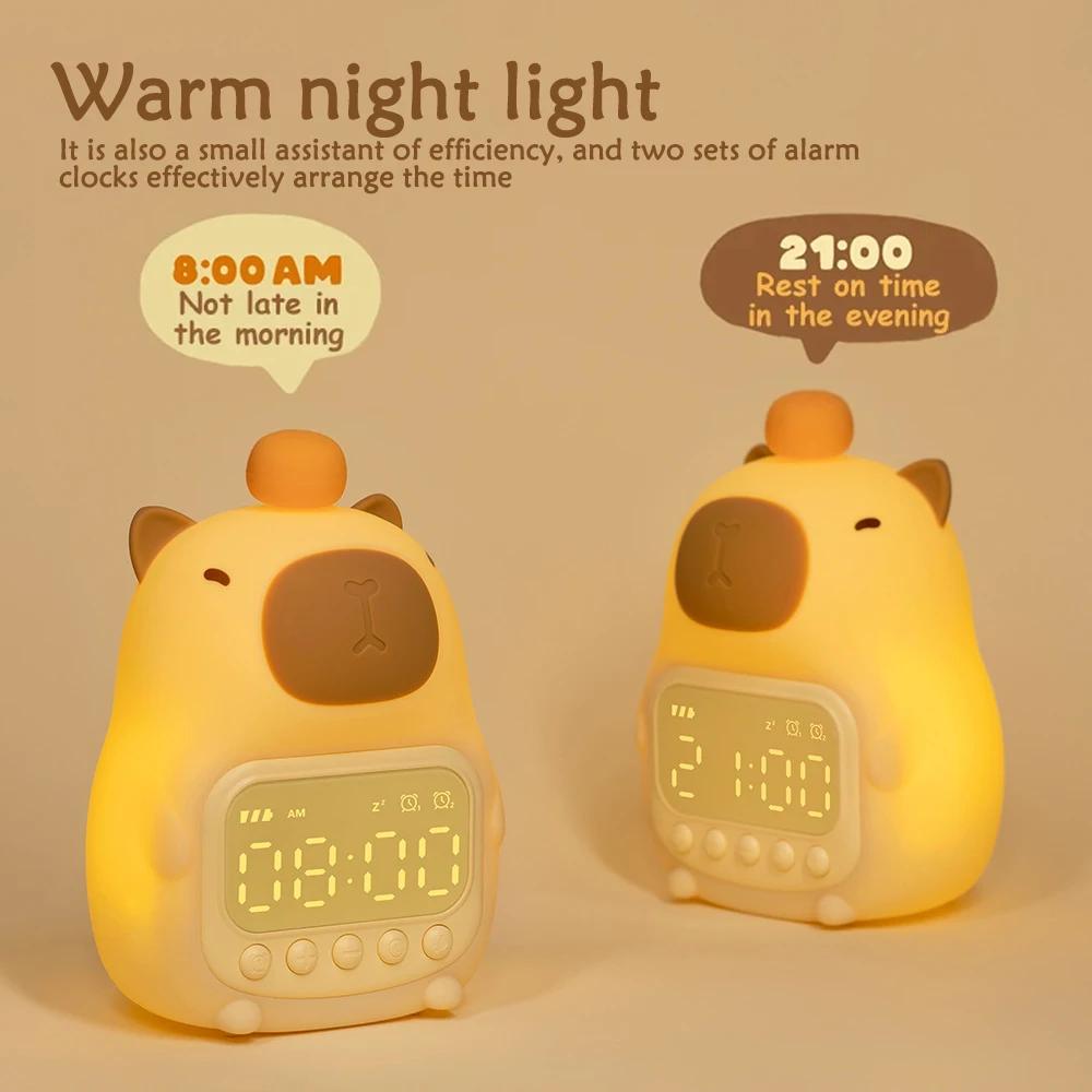 Capybara LED Alarm Clock Kids Bedside Sleep Temperature Display Digital Clock USB Rechargeable Night Light Table Clock Decor