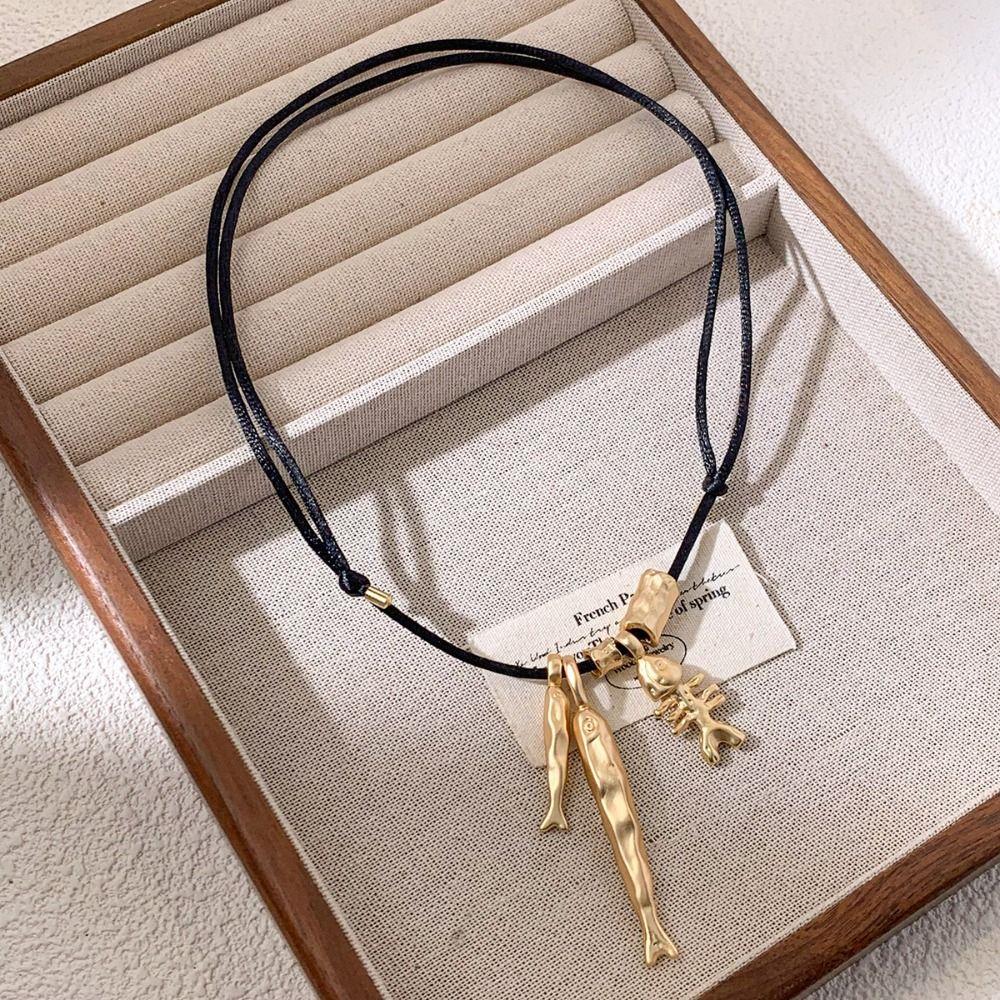 Adjustable Chain Necklace Wax Rope Long Necklace New Fish Bone Pendant Necklaces for Women Men