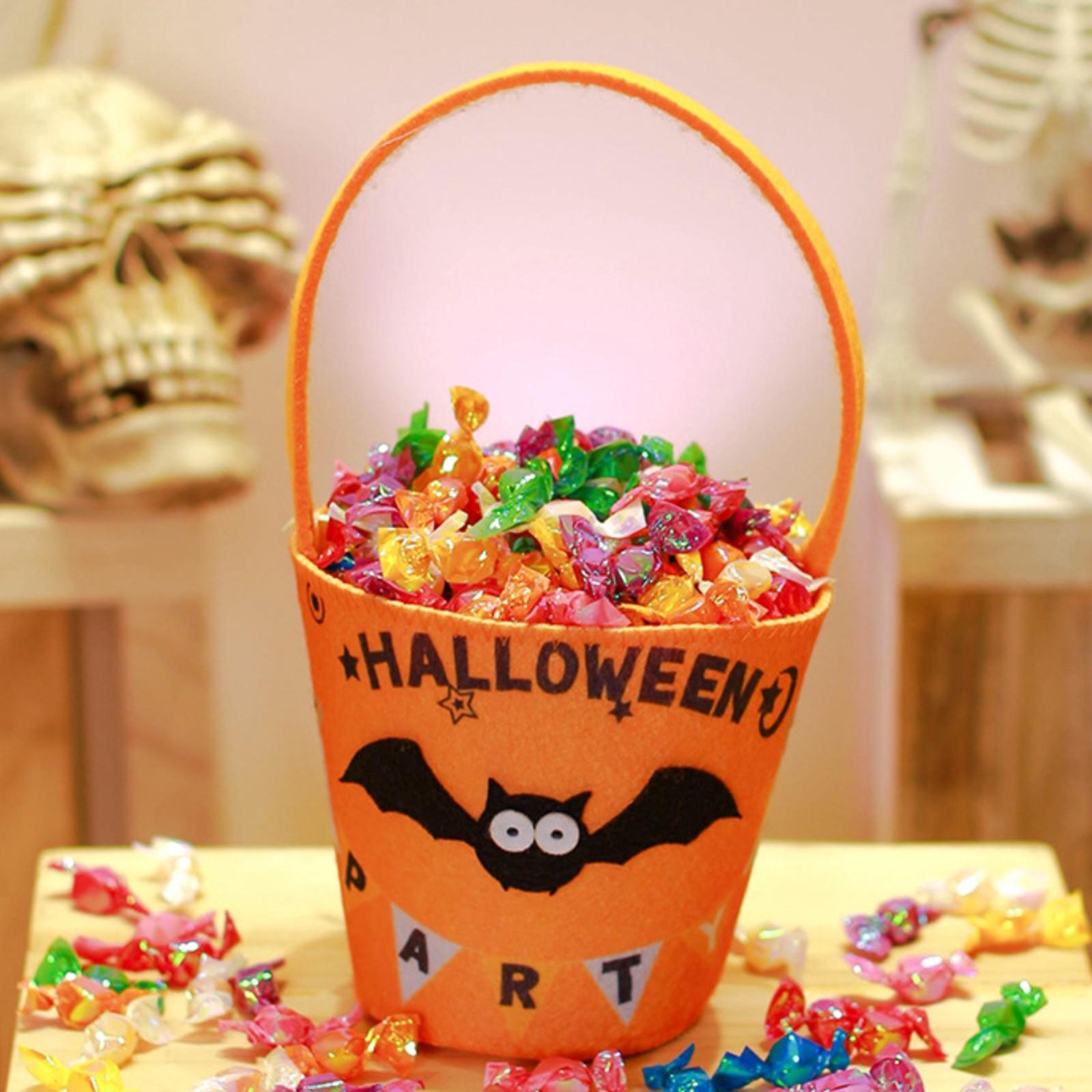 

Halloween Candy Bucket with Spider Web Design and Pumpkin Face Pattern Halloween Treat Bag for Kids Trick or Treating Portable Fabric Handle Bucket One Size
