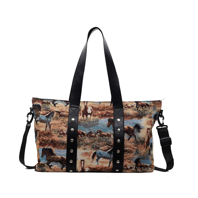 

Fashion oil painting travel bag new light luxury sports fitness bag horse picture printing shoulder duffel bag чёрный