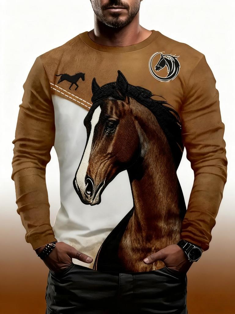 Men's T-Shirt Running Horse Graphic 3D Print Fashion Long Sleeve Crew Neck Unisex Tee Shirt Casual Summer Personality Men's Top