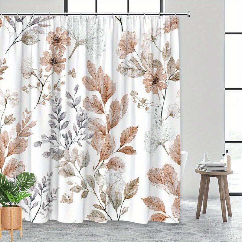 1 Piece Earth Tone Floral Pattern Shower Curtain With Hook, Polyester Fabric, Machine Washable, Suitable For Bathroom Decoration