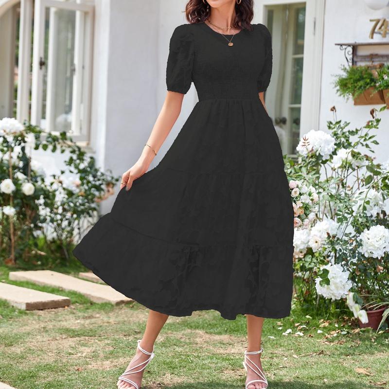 YYFS Women's Fashion Summer Spring Solid Color Print Short Sleeve O-Neck High Waist Casual Dresses