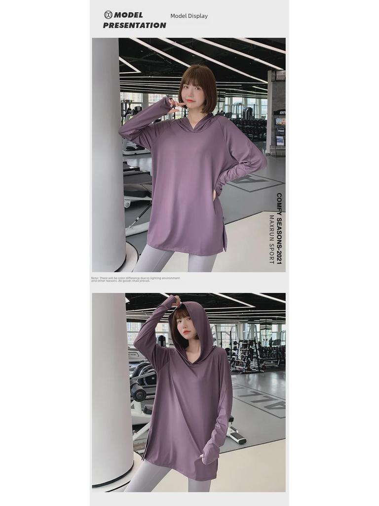 Women's Plus Size Hooded Yoga Sportswear: Slim or Loose Fit T-Shirt for Fitness & Running