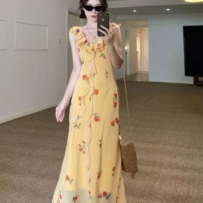 French Retro Ruffle Leaf Edge Floral Dress for Women's Summer New Waist Cover, Thin and Beautiful, Unique Dress