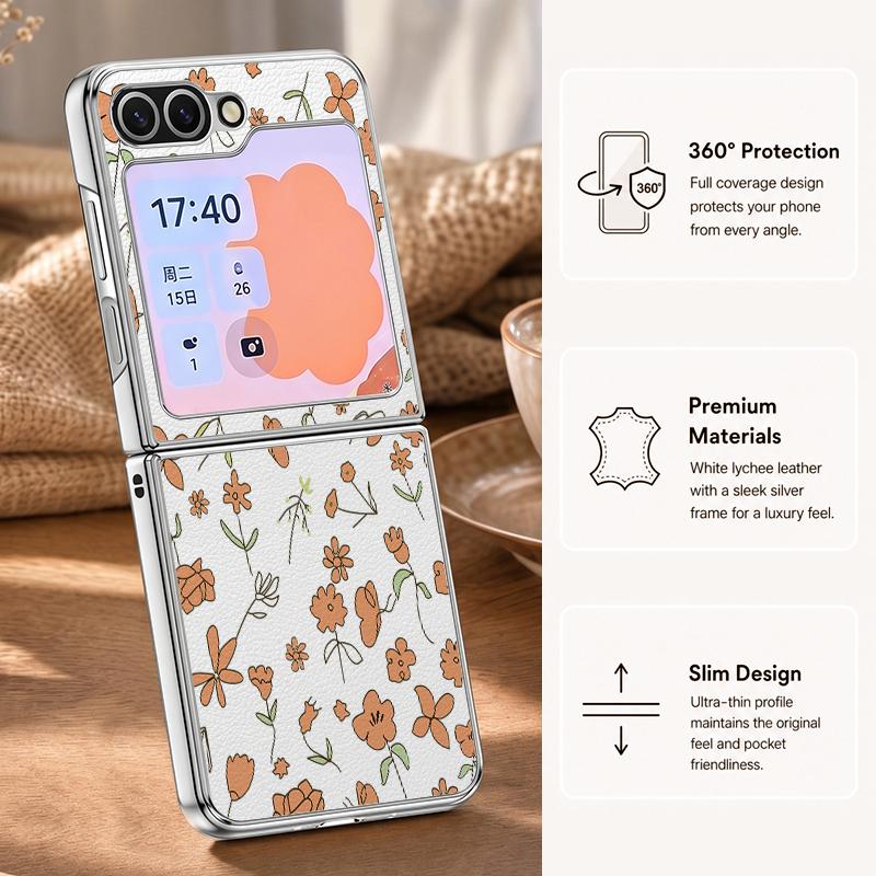 Little Floral Pattern Case For Samsung Galaxy Z FlIP 7 FE 6 5 Z Flip7 Flip6 Flip5 Luxury Plating PC+PU Leather Hybrid Folding Phone Cover