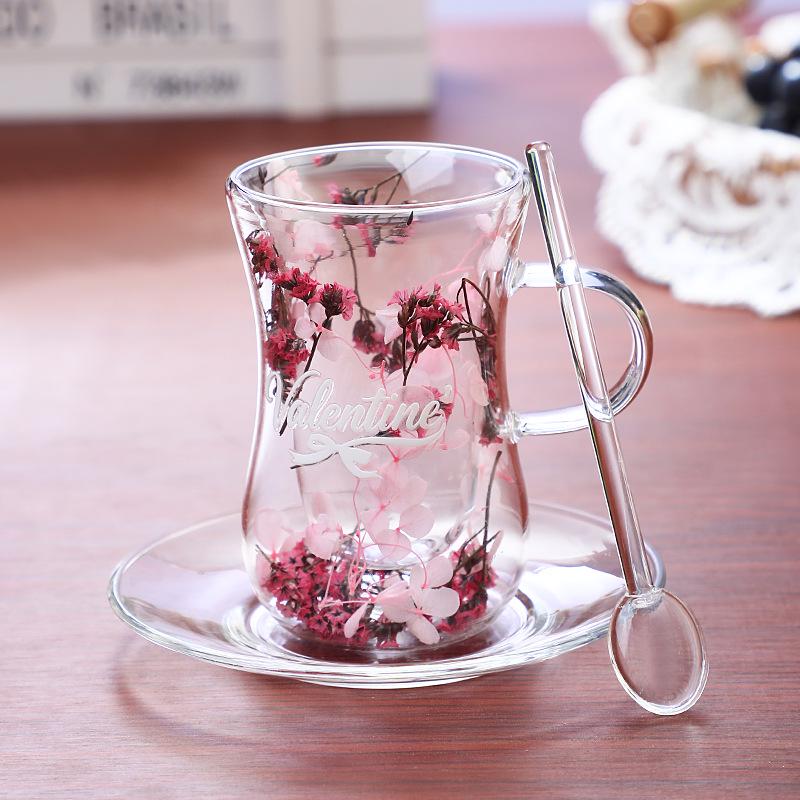 Dried Flower Body-Shaping Double-Walled Glass Cup with Handle and Heat Insulation for Coffee, Milk, or Juice