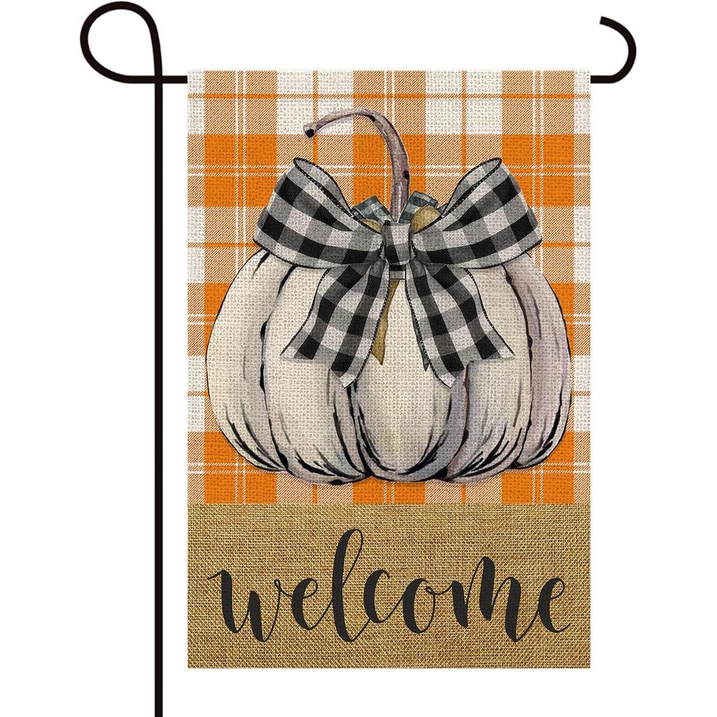 This Is a Double-Sided Vertical Garden Flag Featuring a Welcome Bow, Pumpkin, And Orange Check Plaid Design, Perfect for Fall Harvest And Thanksgiving