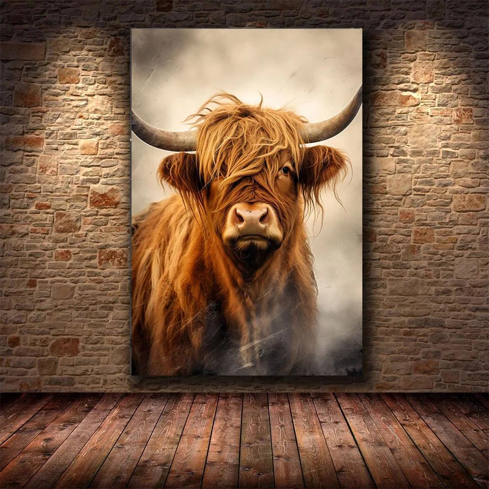Scottish Highland Cow Wild Animal Nordic Nature Landscape Poster Canvas Painting Wall Art Pictures for Room Home Farmhouse Decor