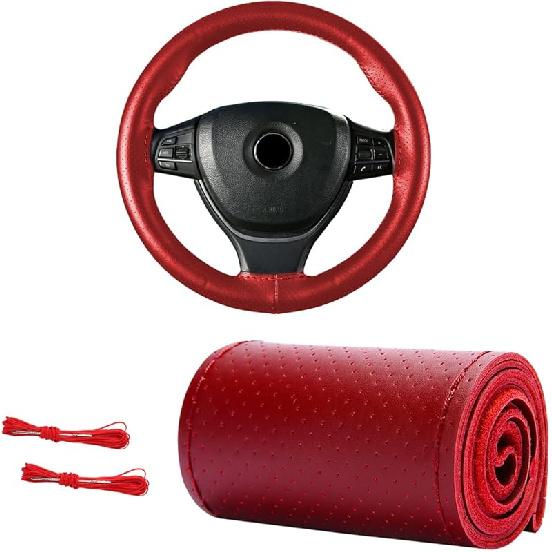 Genuine Leather Steering Wheel Cover, 15 Inches Breathable Stitch On Wrap Steering Wheel Cover, Anti-Slip Auto Wheel DIY Sewing Protector With Needle