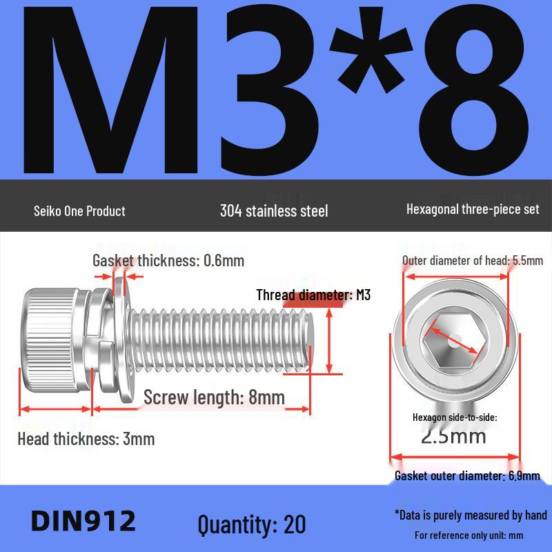 304 Stainless Steel Hex Socket Cap Screw with Washer - Sizes M3, M4, M5, M6, M8, M12