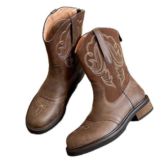 Sheepskin Version~ British Style Short Boots Women's Shoes Brown Retro Embroidered Western Cowboy Boots Thin Boots Martin Boots Women's Tide