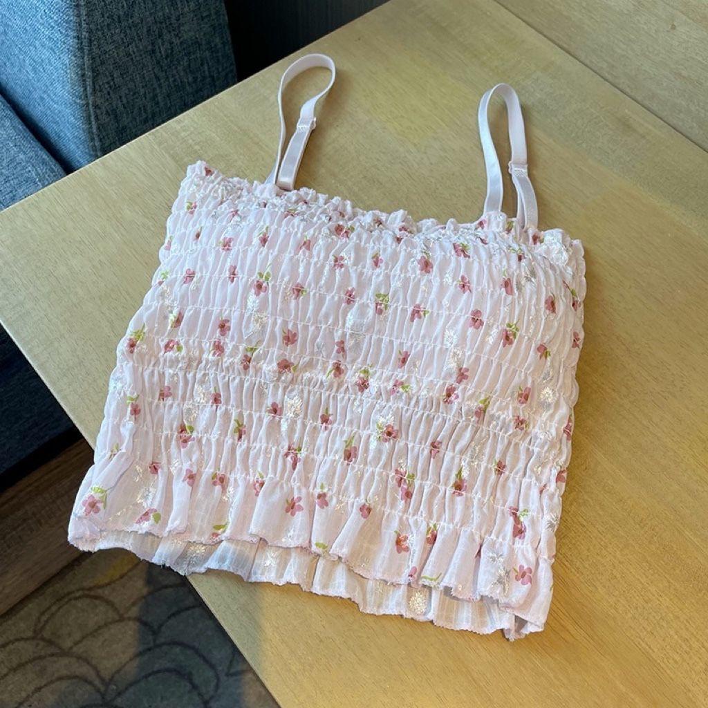 Summer Floral Suspender Women with Chest Pad Chic Small Interior Design Feeling Pleated Top