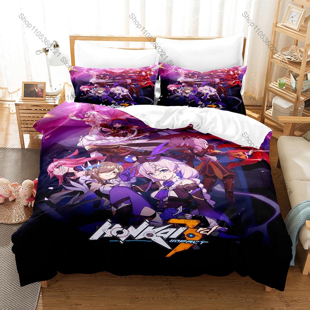 Honkai Impact 3 Bedding Set Duvet Cover + 2 Pillowcases Valkyrie Kiana Mei Bronya Anime Game Bedroom Decor