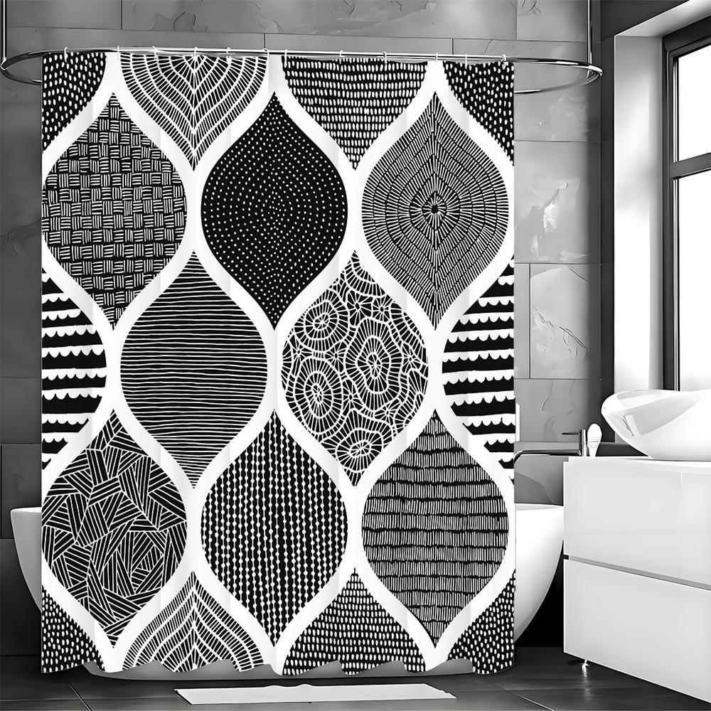 Black Geometric Floral Bohemian Shower Curtain, Bathroom Decorative Shower Curtain, Waterproof Shower Curtain with Hooks