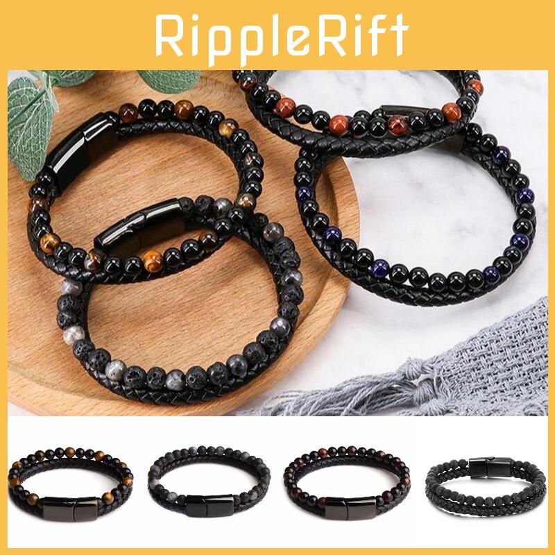 Men 21cm Double Layered Volcanic Stone Beaded Bracelet Alloy Leather Clasp