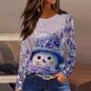 Women's Fashion Casual Slit Hem Round Neck Long Sleeve Loose Printed T-Shirt Ladies Top Christmas