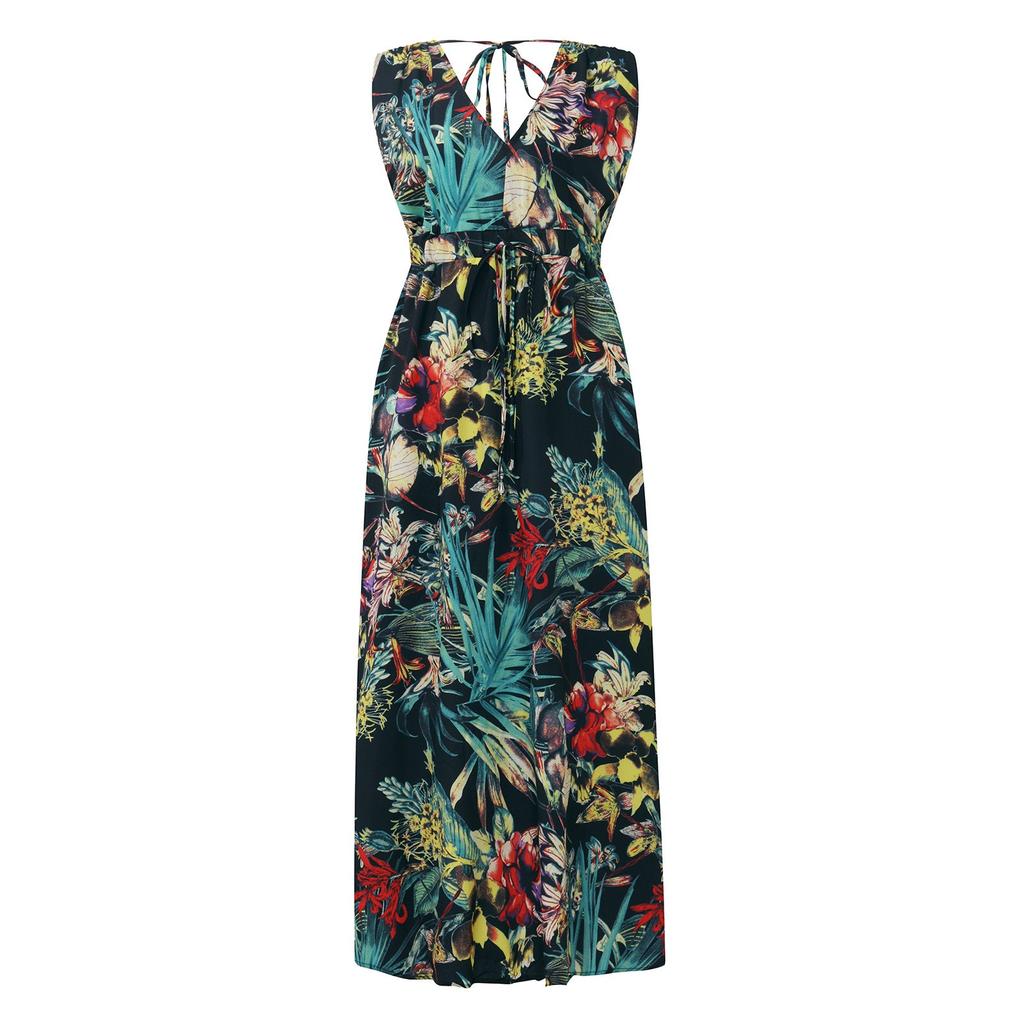 Vestido feminino casual de verão com estampa de bandagem elástica na cintura e decote em V sem mangas