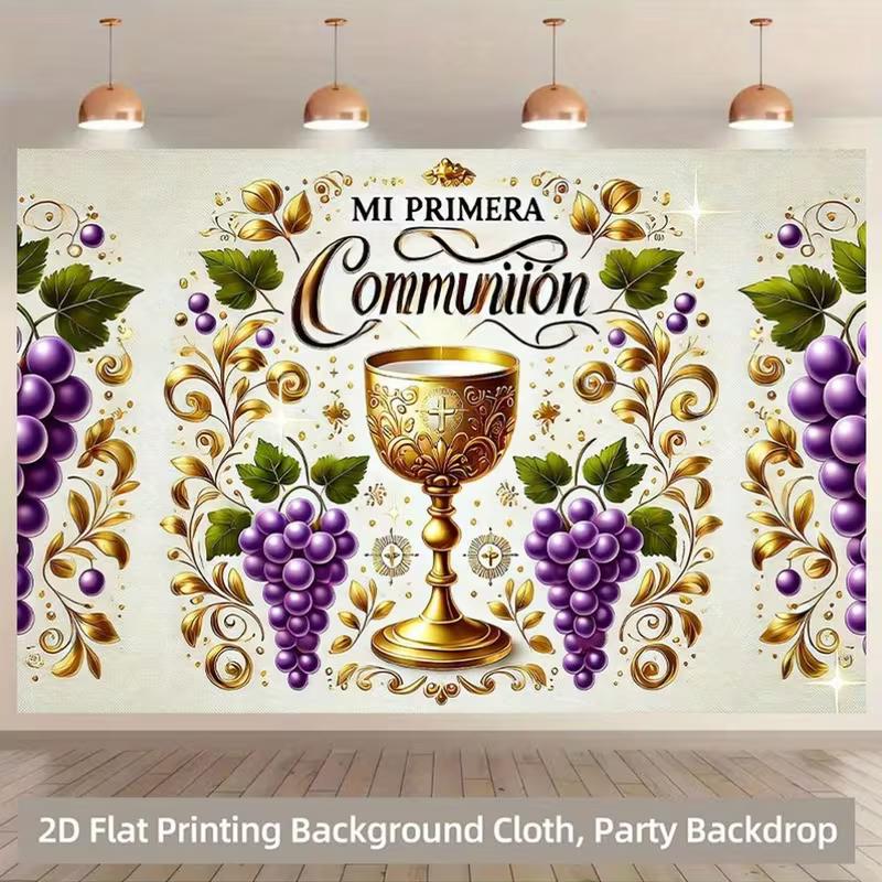 

2D Mi Primera Comunion Photography Background, First Communion Golden Chalice and Grape Decor Banner 47.2x31.5inch/120*80cm