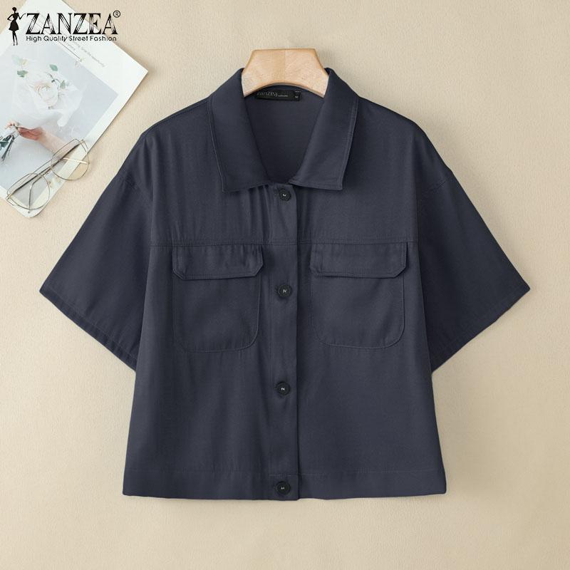 ZANZEA Blusa informal de verano de manga corta con cuello vuelto para mujer