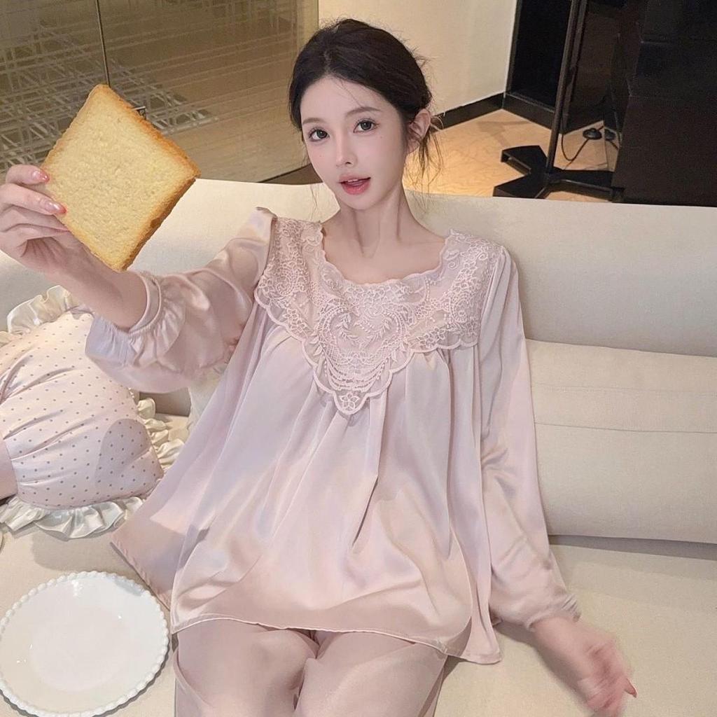 Spring Sweet Princess Lace Ice Silk Pajamas: Women's Loose Korean Court Style, Long Sleeve Pullover Top and Pants Set